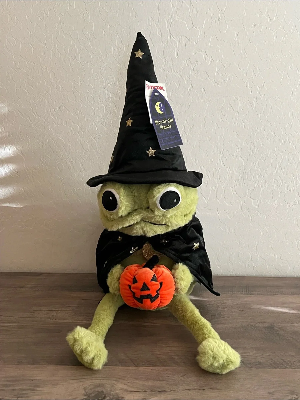 Moonlight Manor Green Frog Plush with Black Witch Hat Holding Orange Pumpkin
